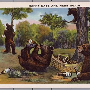 Bears Drinking Beer. ca. 1933, USA, Bear up tree: Whats the Compass Mateja Cubs below: 3 point 2. HAPPY DAYS ARE HERE AGAIN