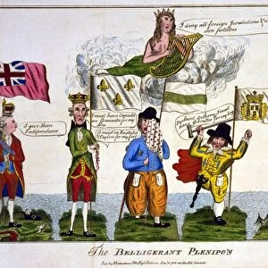 The Belligerent Plenipo s:, cartoon by Thomas Colley, London, 1782. Left George