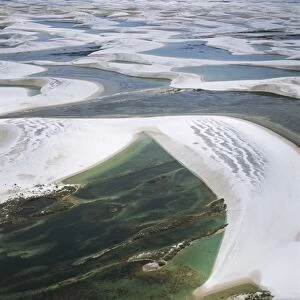 Brazil, Maranhao, Lencois Maranhenses National Park, Sand dunes known as bed sheets and freshwater lakes with iridescent colors, aerial view