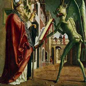 The Devil presenting St Augustine (of Hippo) with the book of vices. Michael Pacher (c1435-1498)