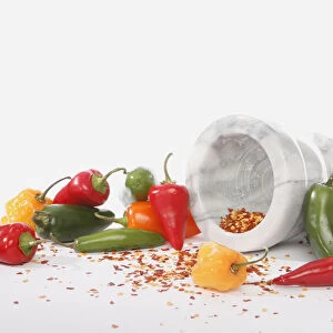 Different types of fresh chilli peppers arranged around a mortar, with crushed, dried chilli peppers inside and scattered around it