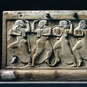 Etruscan civilization, urn with reliefs depicting dancers, from Chiusi, Siena Province, Italy