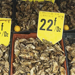France, Brittany, Cancale, oysters displayed for sale