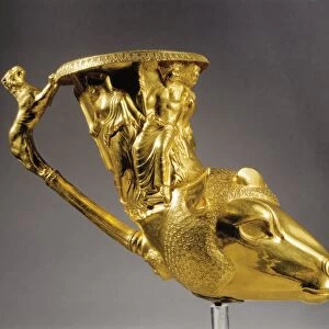 Gold rhyton in the shape of a rams head with Dionysus, the nymph Eriope and lion-shaped handle, Panagjuriste treasure from Bulgaria, Plovdiv, Panagjuriste