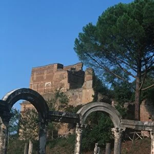 Italy, Latium Region, Rome Province, Tivoli, Hadrians Villa, Colonnaded circular pool at recreated Canopus canal