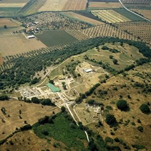 Italy, Tuscany Region, Province of Grosseto, Aerial view of archaeological site of Roselle
