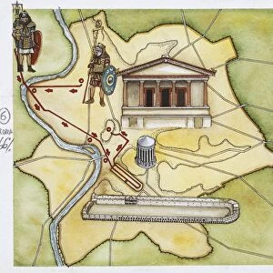 Map of Rome: camp, temple of Vesta, Circus Maximus, Capitoline Hill and the temple of Jupiter, drawing