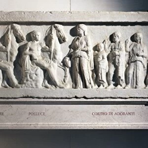 Marble relief with Dioscuri, Castor, Pollux and worshippers procession, from Rome