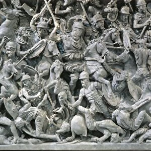 Marble sarcophagus with relief depicting scene of battle between Romans and Germans, 180-190 a. d. detail, from Rome, Via Tiburtina