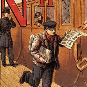 Newsboy running along the platform and selling papers to passengers on a railway train