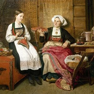 Norway, painting of A Norwegian bride preparing the traditional Dress for the ceremony