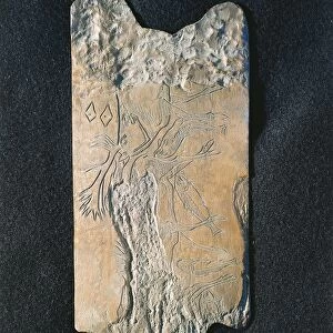 Paleolithic reindeer horn with carvings representing deers and salmons, dating back to Upper Magdalenian, from Lortet, Midi-Pyrenees