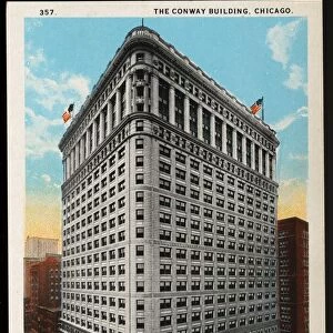 Postcard of Conway Building in Chicago. ca. 1914, 357. THE CONWAY BUILDING, CHICAGO. The Conway Building, located on the southwest corner of Clark and Washington Sts. is a massive office building, 21 stories high. It is a steel structure resting on concrete caissons which are sunk 100 feet to bedrock, the outside facing being granite terra cotta and enameled brick. Sixteen electric passenger elevators of the latest type provide fast and efficient service to the upper floors