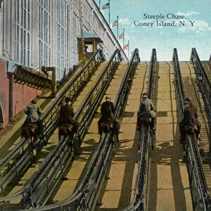 Postcard of Steeplechase Ride at Coney Island. ca. 1913, The Steeplechase is the most popular amusement device in the famous Steeplechase Park at Coney Island and is always crowded with visitors, eager to enjoy this exhilarating and exciting ride