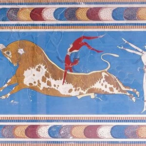 Reconstructed fresco depicting dancers performing bull-leaping of taurokathapsia