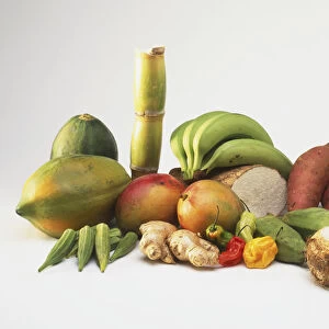 A selection of Caribbean fruit and vegetables, including okra, mangoes, papaya, sugar cane, green bananas, yam, sweet potato, chow, cassava, blogo, dasheen, bread fruit and plantain