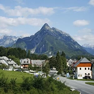 Slovenia, Bovec, road through small town below Kanin mountain in Julian Alps