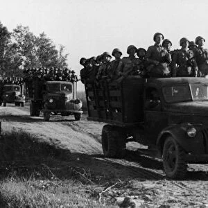 Soviet troops being taken to the firing lines in july 1943, the trucks are american, sent as part of the lend-lease program