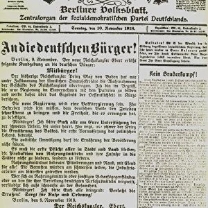 Vorwarts the Berlin Peoples Newspaper for Sunday, 10 November 1918, carrying