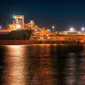 Iron Ore Ships And Loading Machinery At Night, Port Hedland, Australia