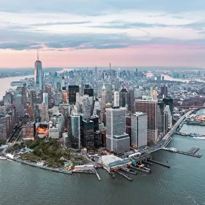 Aerial of lower Manhattan at sunset, New York, USA