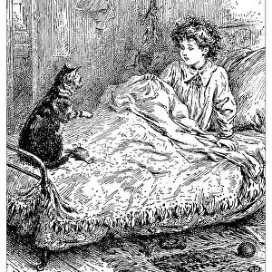 Antique childrens book comic illustration: cat on childs bed