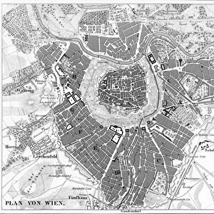 A black-and-white aerial map of Vienna, Austria