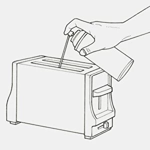 Black and white illustration of using compressed air spray to blow crumbs from toaster