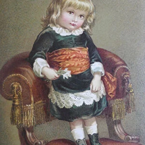 Blond girl standing on chair, her first portrait