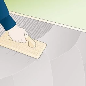 Digital illustration showing how to smooth rough surface of wet concrete using wooden float