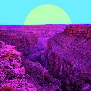 Dreamy colorful view of the Grand Canyon with saturated colors and big sun