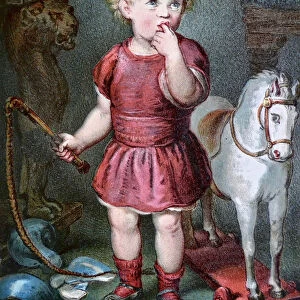 Girl standing with whip between his toys with a broken vase