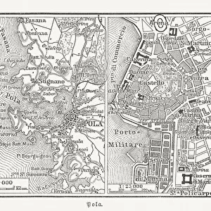 Historical city map of Pula, Istria County, Croatia, woodcut, published 1897