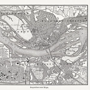Historical city map of Riga, Latvia, wood engraving, published 1897