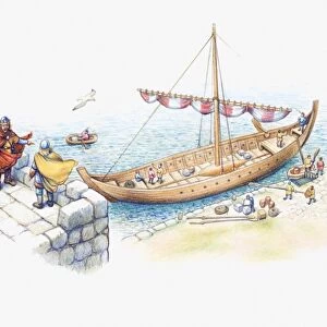 Illustration of one of Alfred the Greats ships moored on coastline to guard against Viking invasion