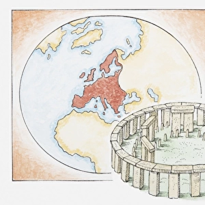Illustration of ancient stone circle in front of a map of Europe