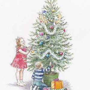 Illustration of boy and girl decorating christmas tree