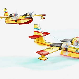 Illustration of Canadair CL-215 (Scooper) firefighting plane in mid-air and picking up water
