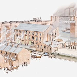Illustration of factory in city during the Industrial revolution