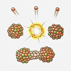 Illustration of neutron hitting Uranium-235 nucleus, nucleus becoming unstable and splitting, releasing energy and neutrons (nuclear fission)