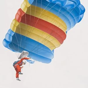 Illustration, parachutist descending, view from above
