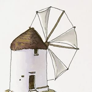 Illustration of thatched windmill near Bodrum