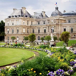 Jardin du Luxembourg, Paris with blooming flowers in foreground
