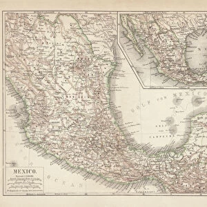 Mexico, ancient map, lithograph, published in 1877