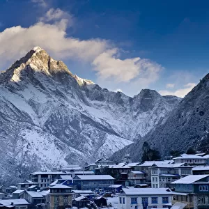 Mountain overlooking snowy village