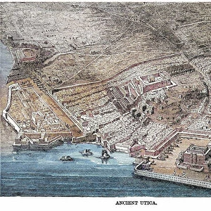 Old engraved illustration of Ancient Utica, Tunisia (ancient Phoenician and Carthaginian city located near the outflow of the Medjerda River into the Mediterranean, between Carthage in the south and Hippo Diarrhytus or Bizerte)