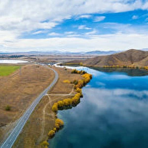 Panoramic aerial view of Wairepo Arm in autumn, Twizel