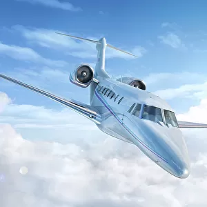 Private jet in the clouds, illustration