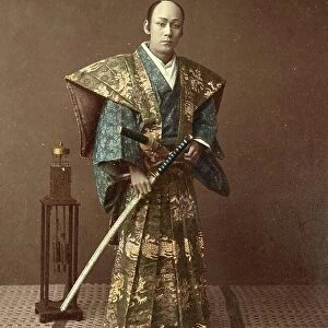 Samurai warrior with sword and uniform, fighter with distinguished clothing, around 1870, Japan, Historic, digitally restored reproduction from an original of the period