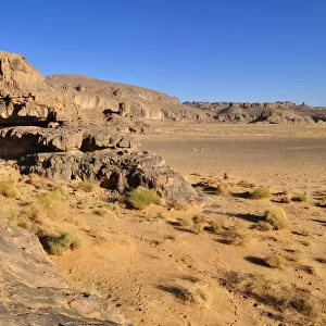 Sandstone rock formation and Oeud, Wadi on Tasset Plateau, Tassili n Ajjer National Park, Unesco World Heritage Site, Wilaya Illizi, Algeria, Sahara, North Africa